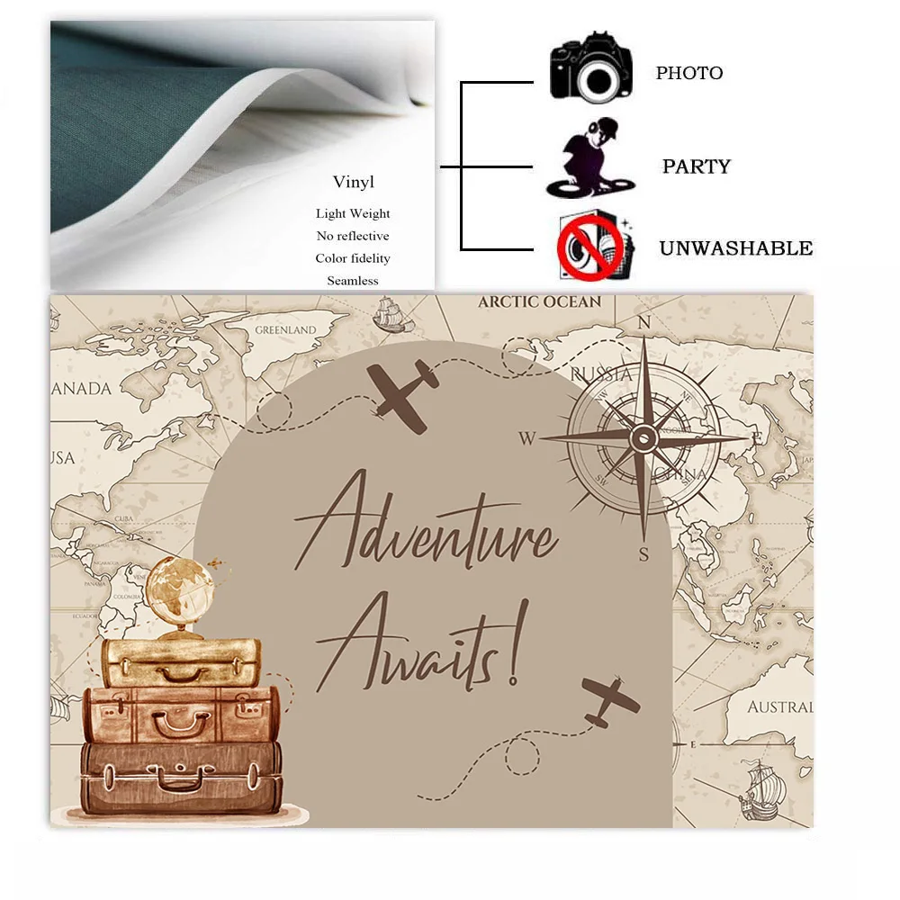 Adventure Awaits Backdrop Kids Baby Shower Birthday Background Boy Travel Photography Decor World Map Treasure Photo Studio Prop