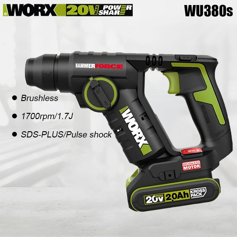 Martelo Giratório Elétrico de Impacto Worx-sem Fio sem Escova Sds Plus Bateria Verde Universal Wu380s 20v 1.7j 1700rpm 5300ipm