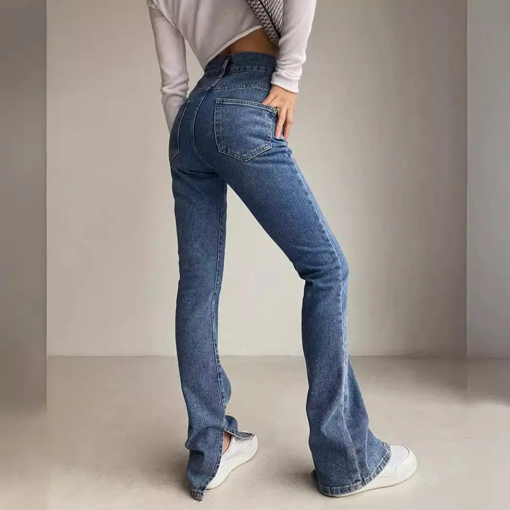 

Женские облегающие джинсы с высокой талией в европейском и американском стиле, осенне-зимние прямые брюки-трубы с разрезными штанинами и микроподтяжками