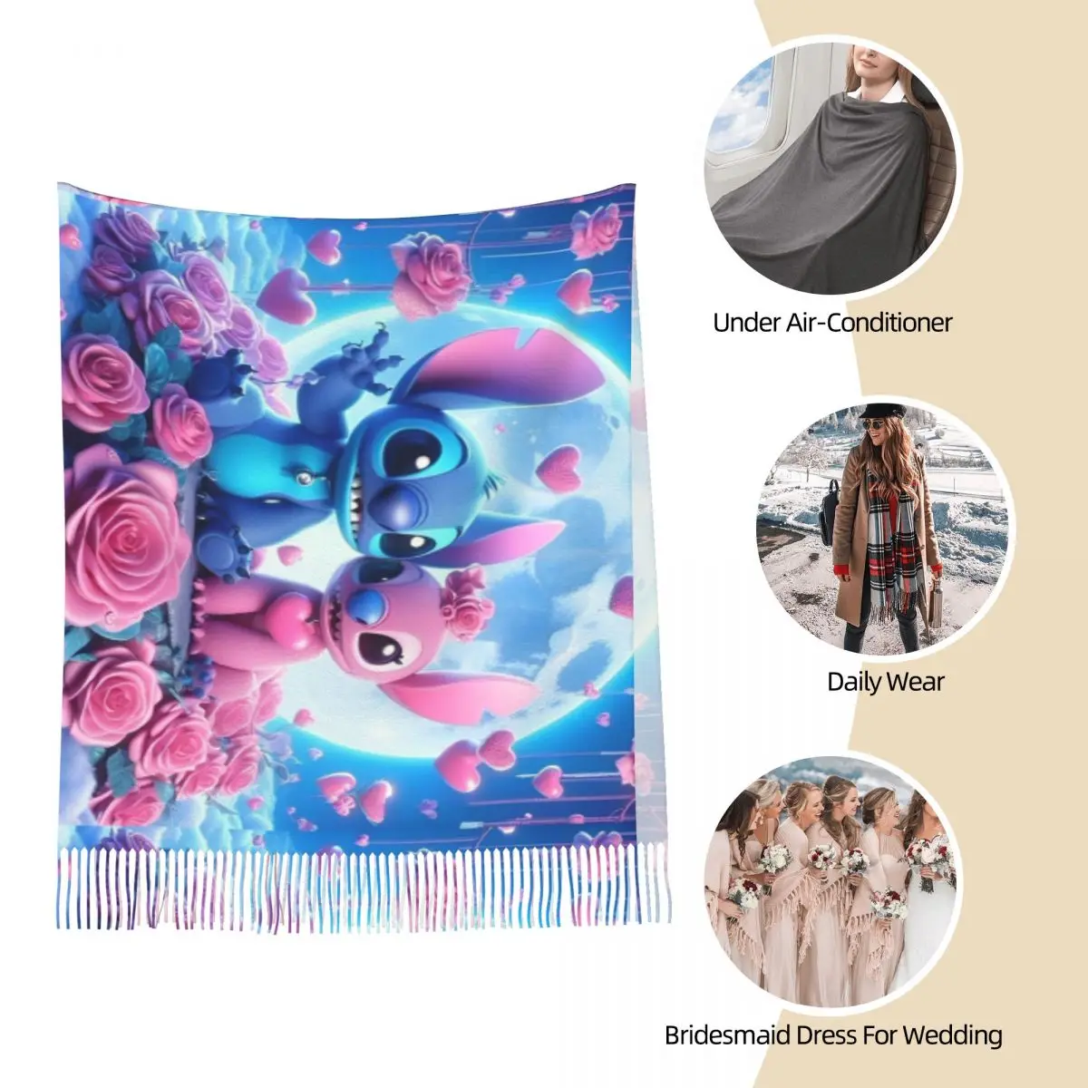 Cute Stitch And Angel Cartoon Scarf Men Women Flower Head Scarves with Tassel Autumn y2k Cool Shawls and Wrap Outdoor Bufanda