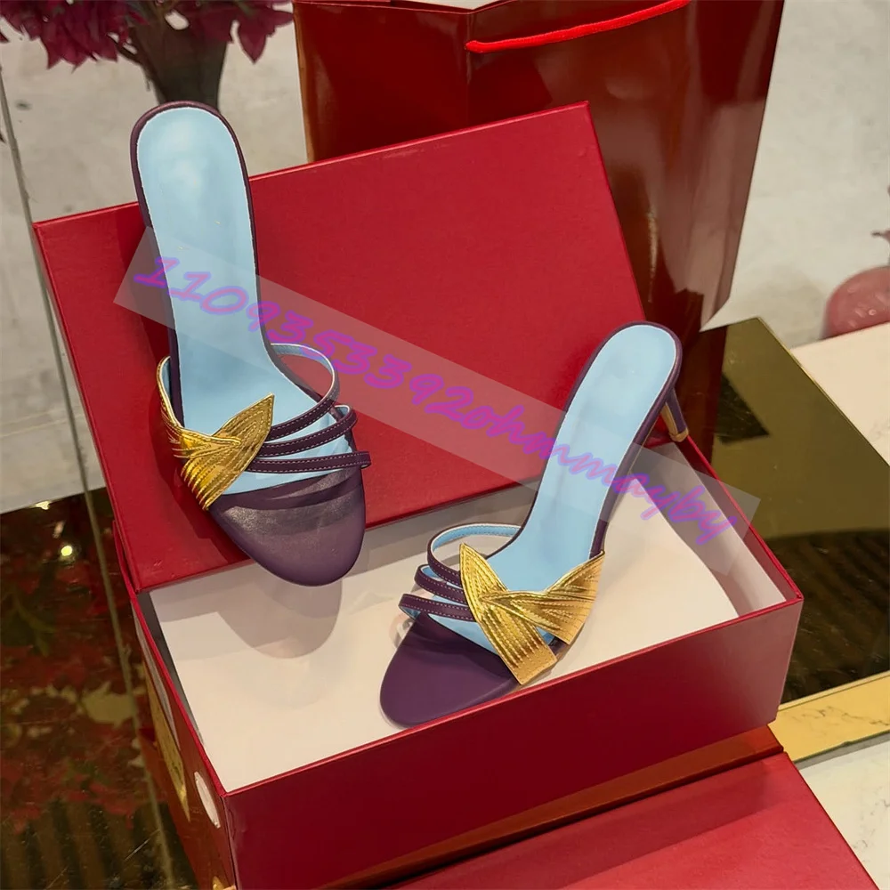 

Women'S Gold Leaf Cashmere Leather Slippers Luxury Open Toes Slip-On Modern Slippers Fashion Party Runway Formal Slippers 8CM