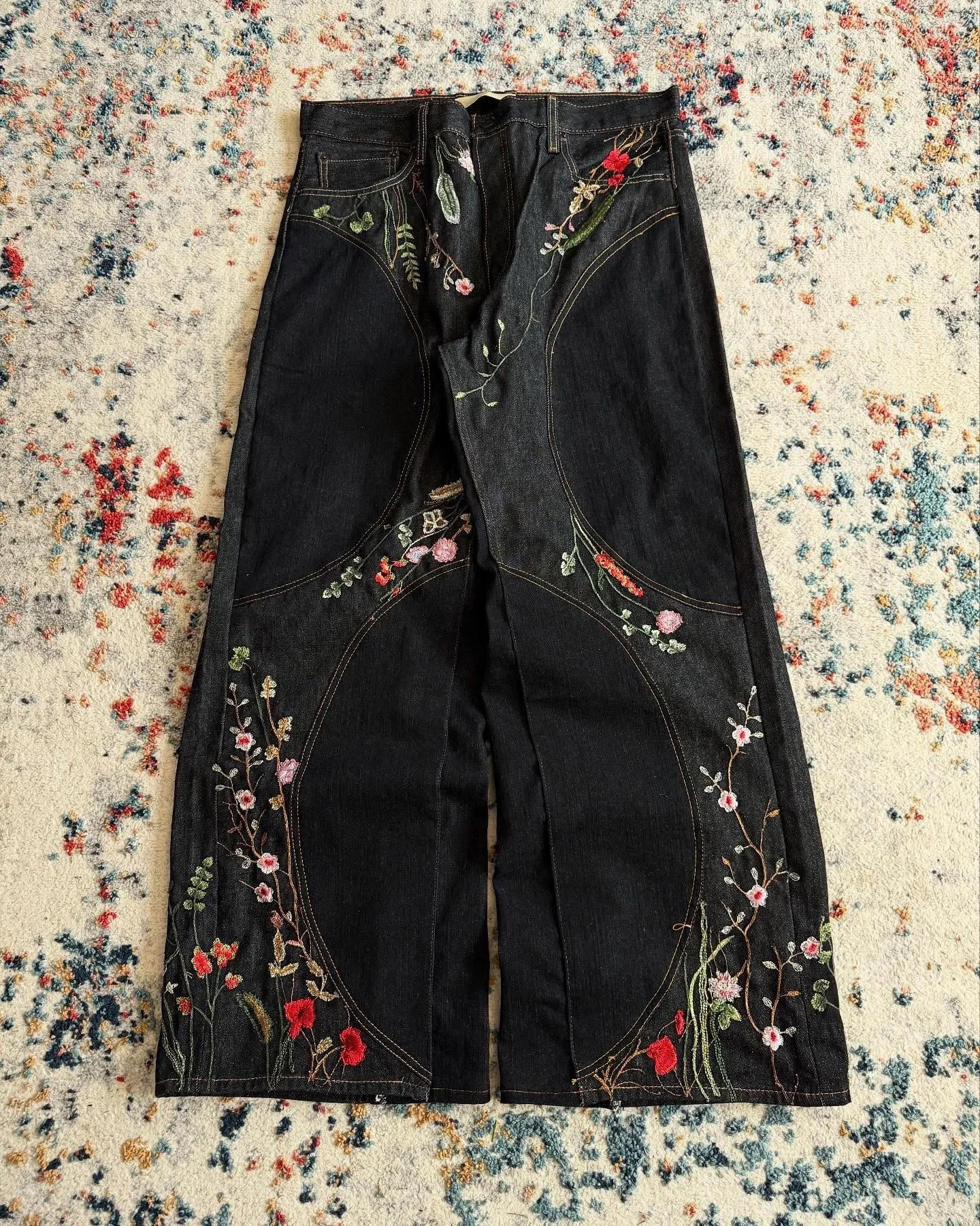 European and American Y2K loose and wide-leg patchwork design pants with floral embroidery floor-length pants trendy style Y2K