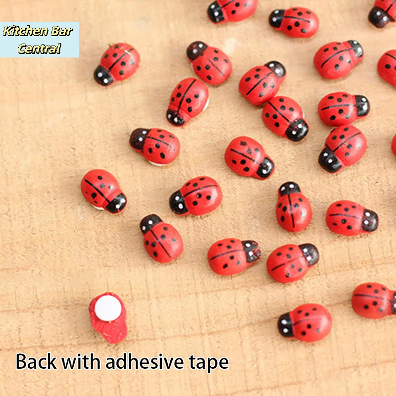 【50/100Pcs Mini Wooden Ladybird Ladybug Self-adhesive Sticker Ornaments DIY Crafts Garden Figurine Miniature Home Decor】