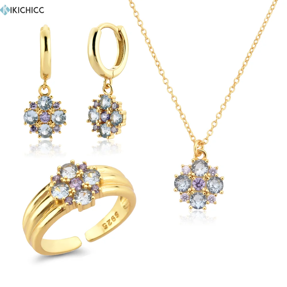 KIKICHICC925 Sterling Silver Light Blue Purple Flower Pendant Earring Resizable Ring Necklace Long Chain ColorfulJewelry Set