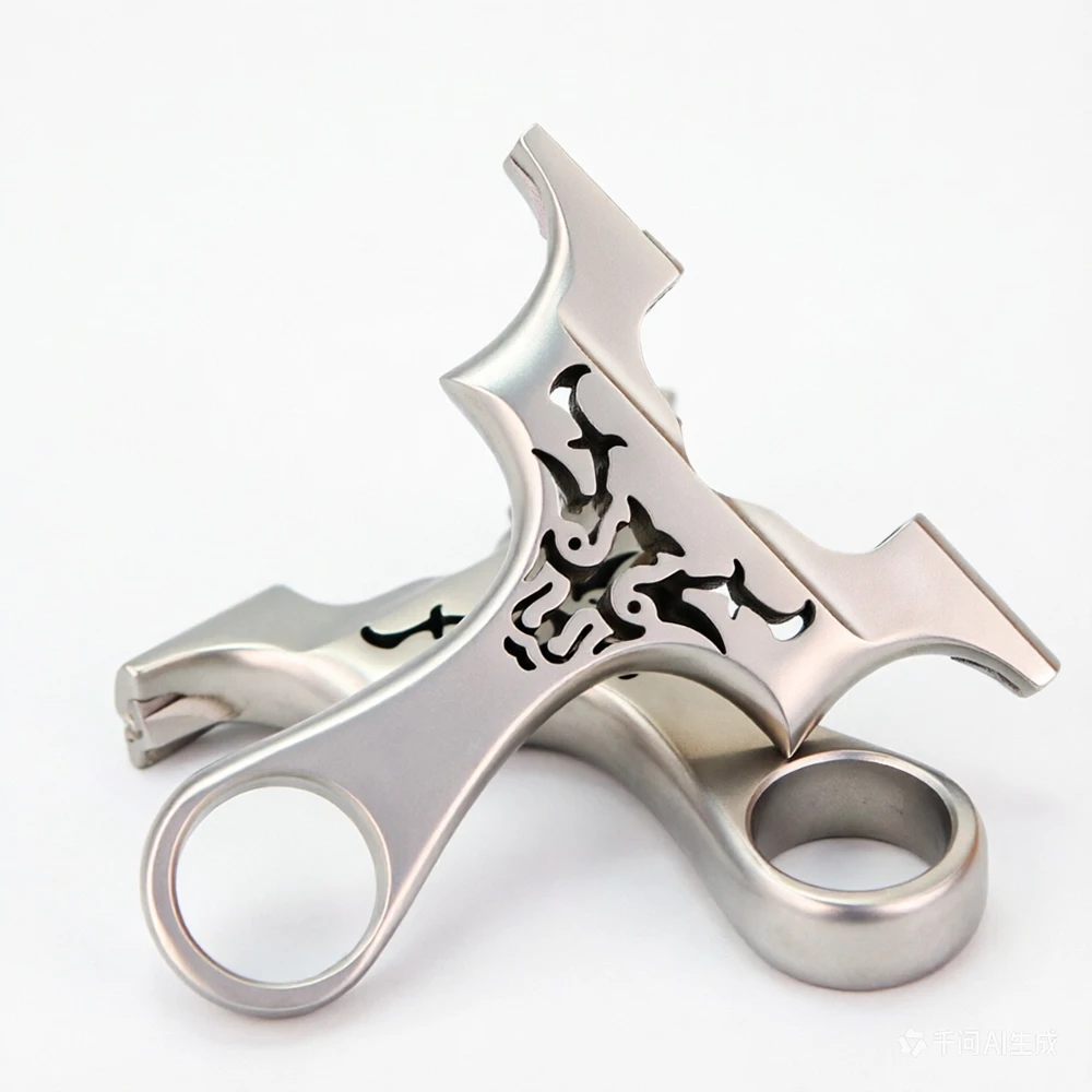 Stainless Steel Y-Shaped Slingshot with Hollow Tribal Pattern & Finger Ring for Outdoor Target Practice & Precision Sports