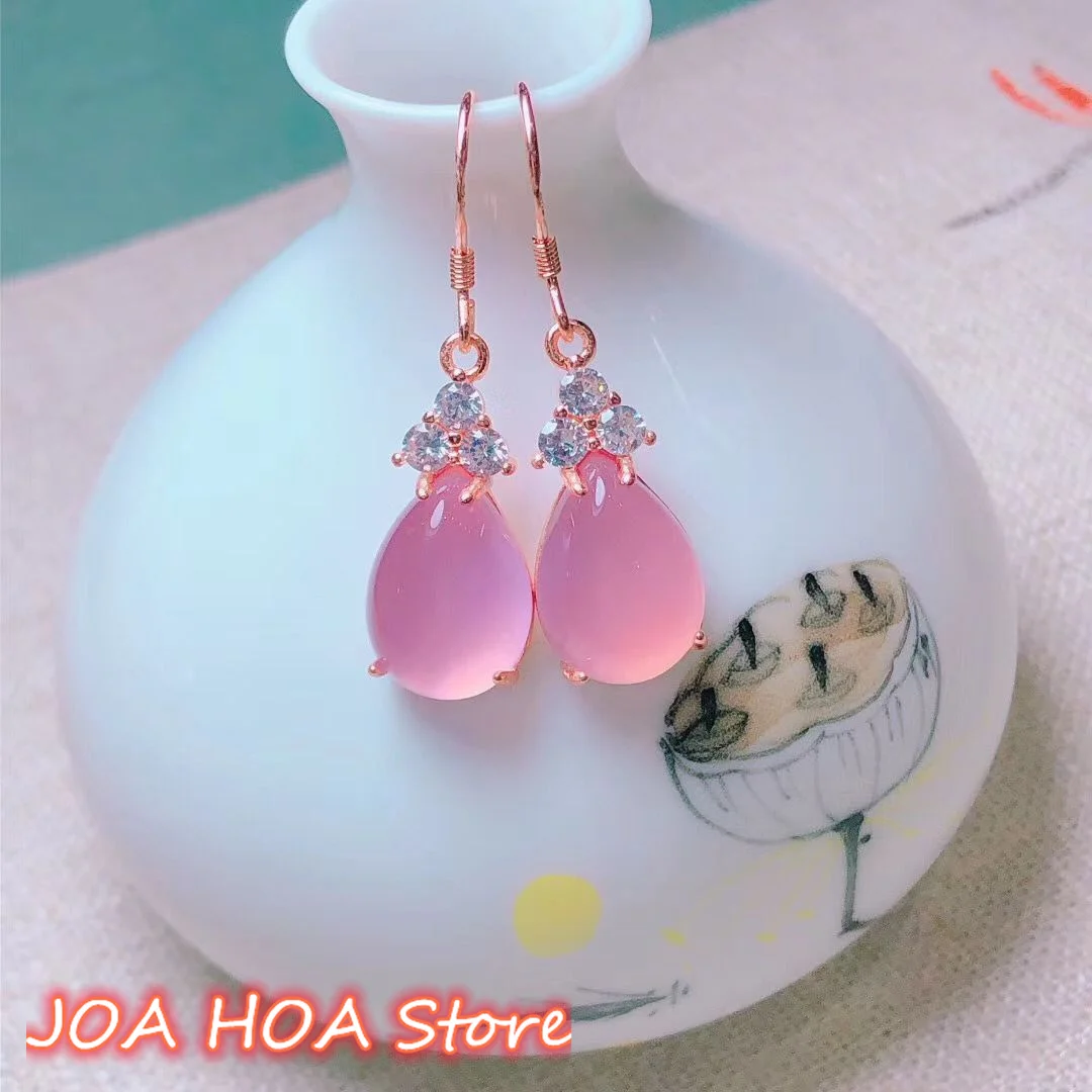 Natural Emerald Pink Green Red White Chalcedony Water Drop Ladies Rose Gold Sterling Silver 925 Jewelry Earrings