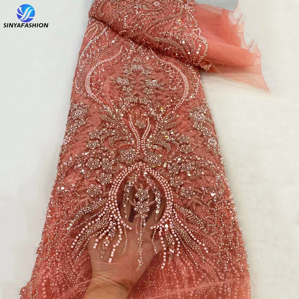 Sinya Embroidery Pearls Sequins Beads African Lace Fabric High Quality 5 Yards Red Mesh Tulle Heavy Beaded Luxury Wedding Lace