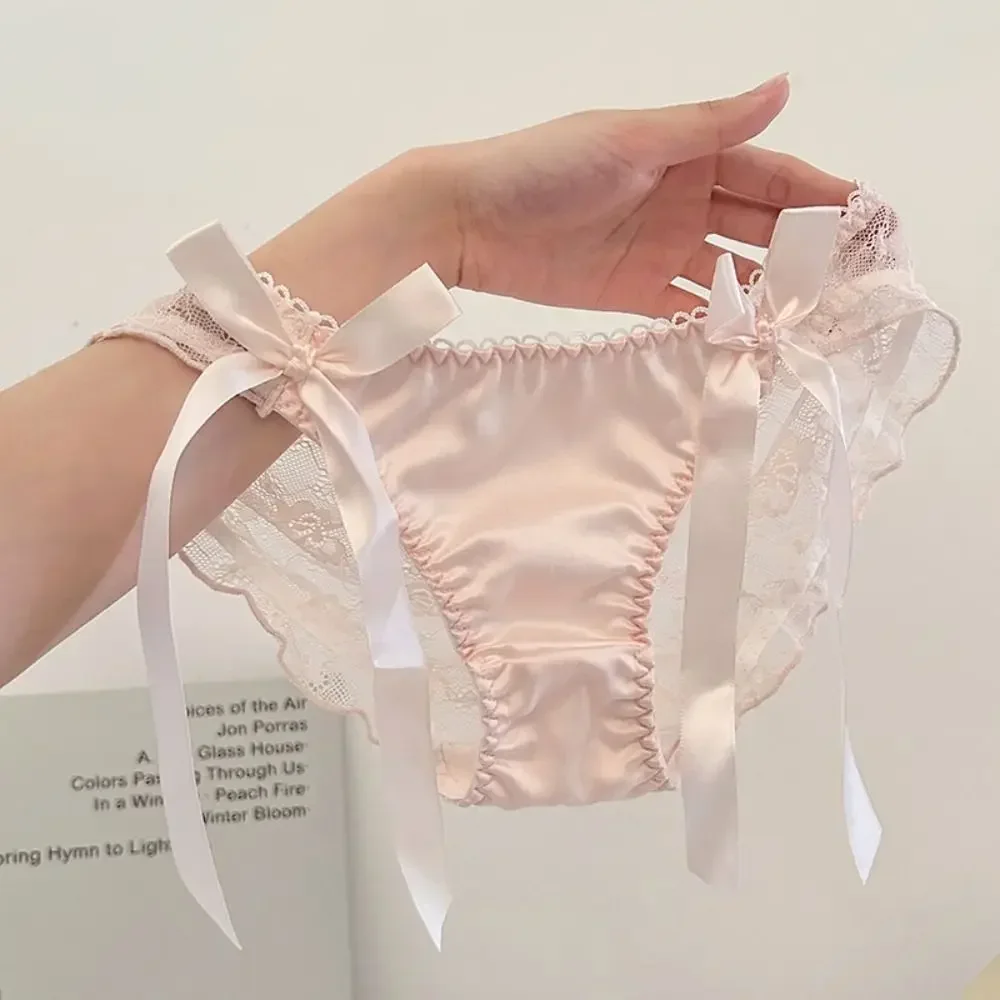 Solid Color Lace Bow Underwear Breathable Hollow Out Female Lingerie Low-Waist Qualit Satin Ruffle Panties Underwear Brief image 4