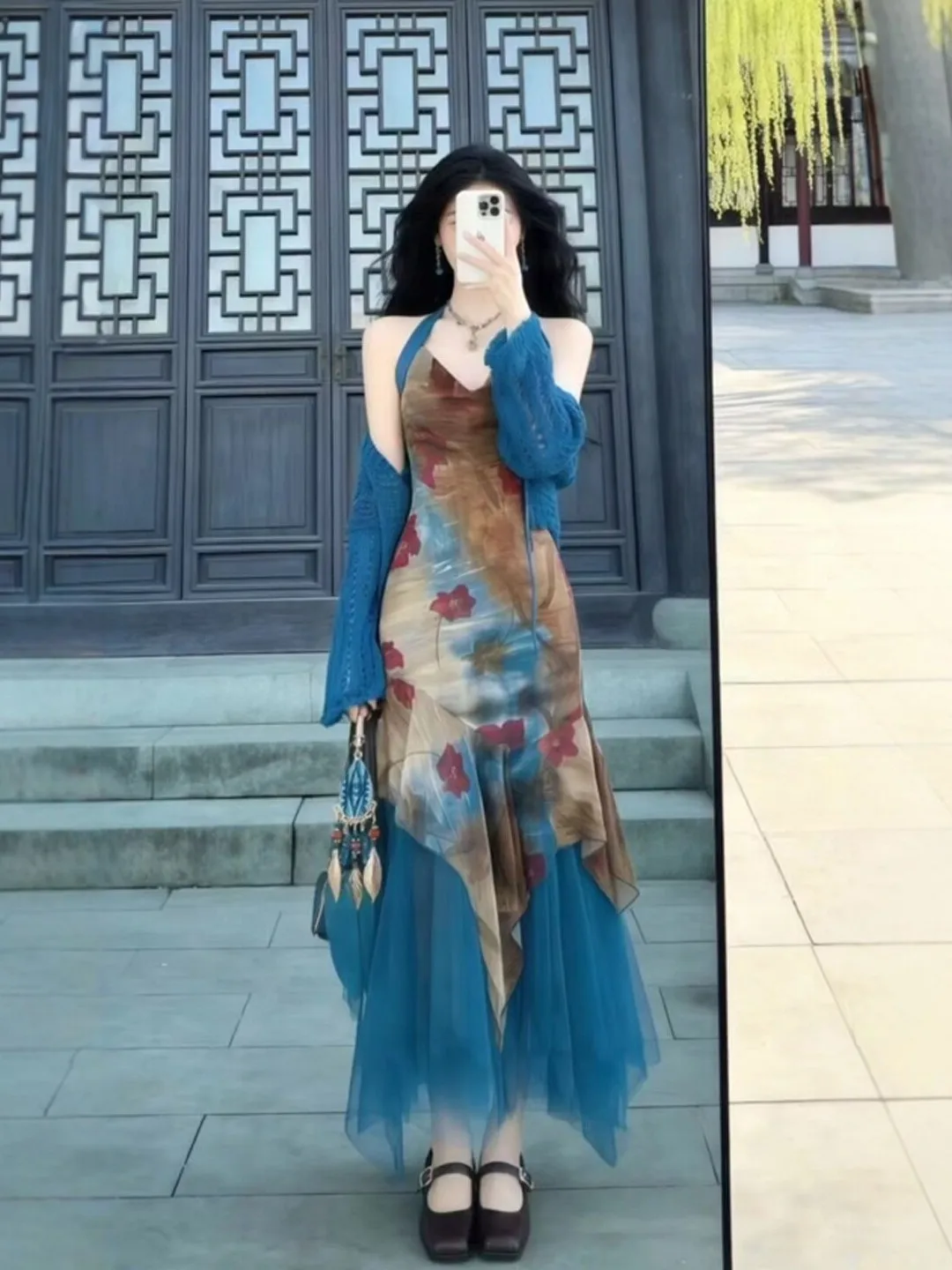 

Retro Ladylike Print Maxi Dr And Cardigan Set Spring Faion Ensemble Breathable Cotton Long Sve round Ne Dr