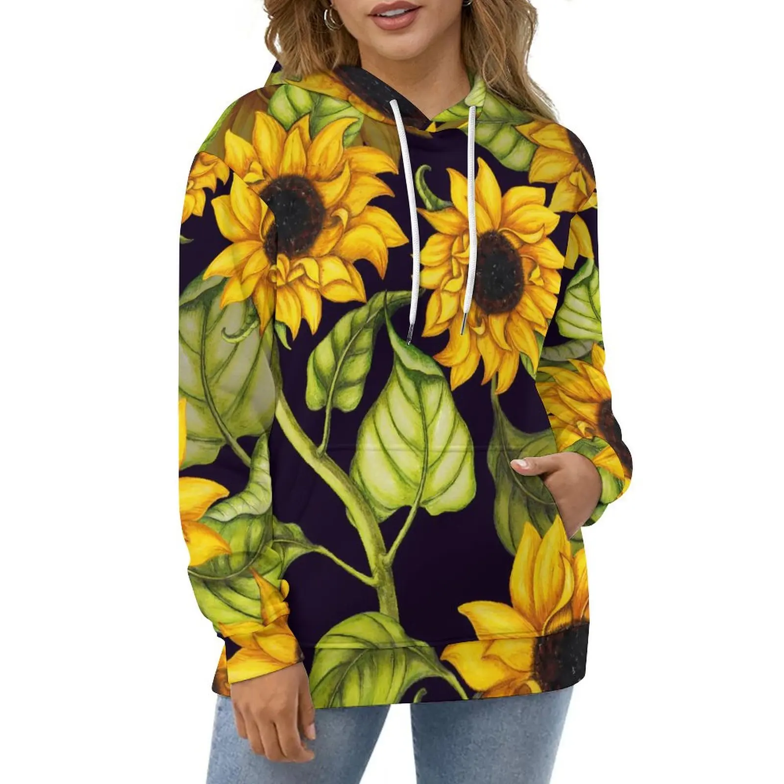 

Watercolor Sunflower Hoodies Flowers Print Fashion Oversize Hoodie Women Long-Sleeve Elegant Pattern Casual Hooded Sweatshirts