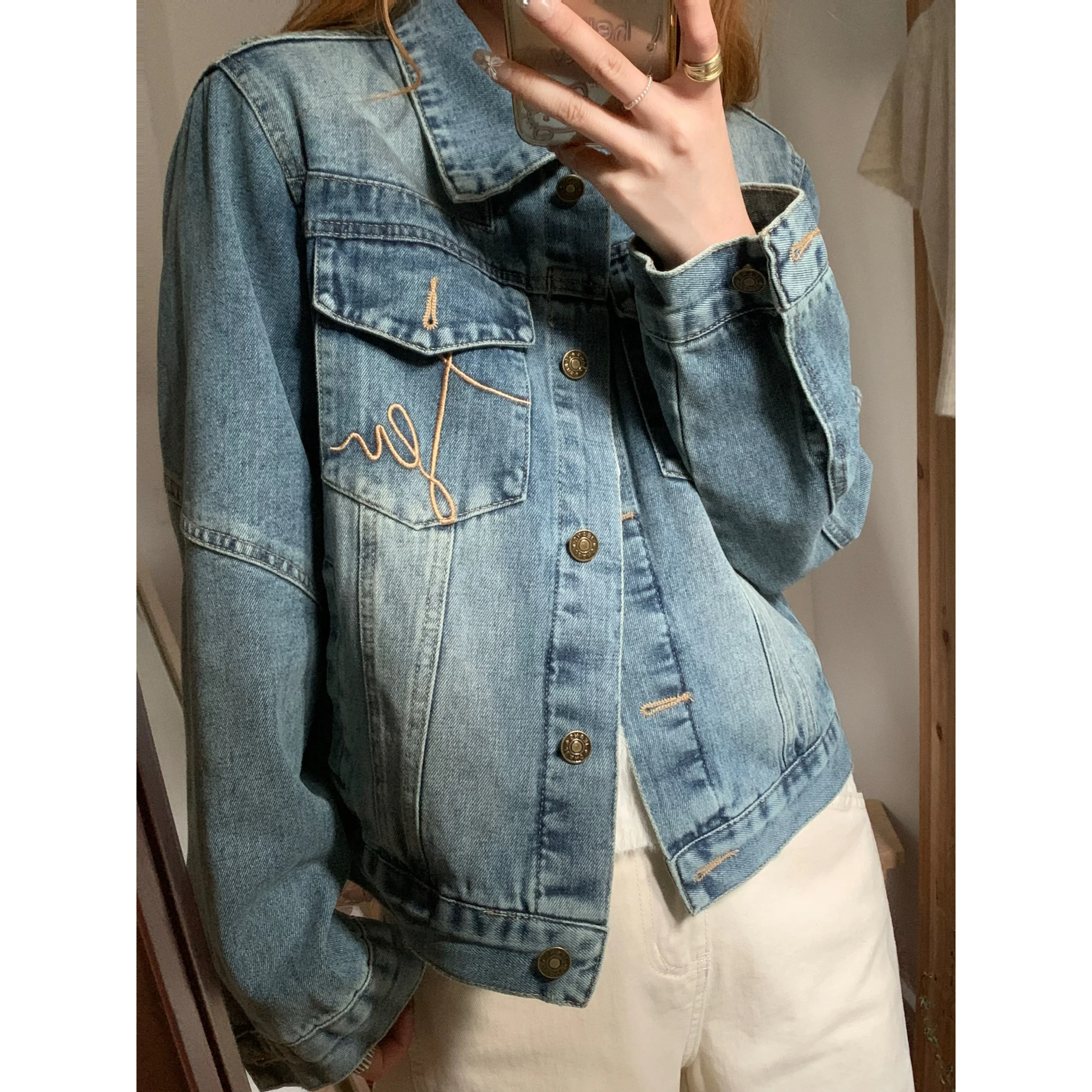 

Retro Washed Autumn Winter Denim Jacket Loose Casual Workwear Short Collared Outerwear for Women Versatile Basic Style