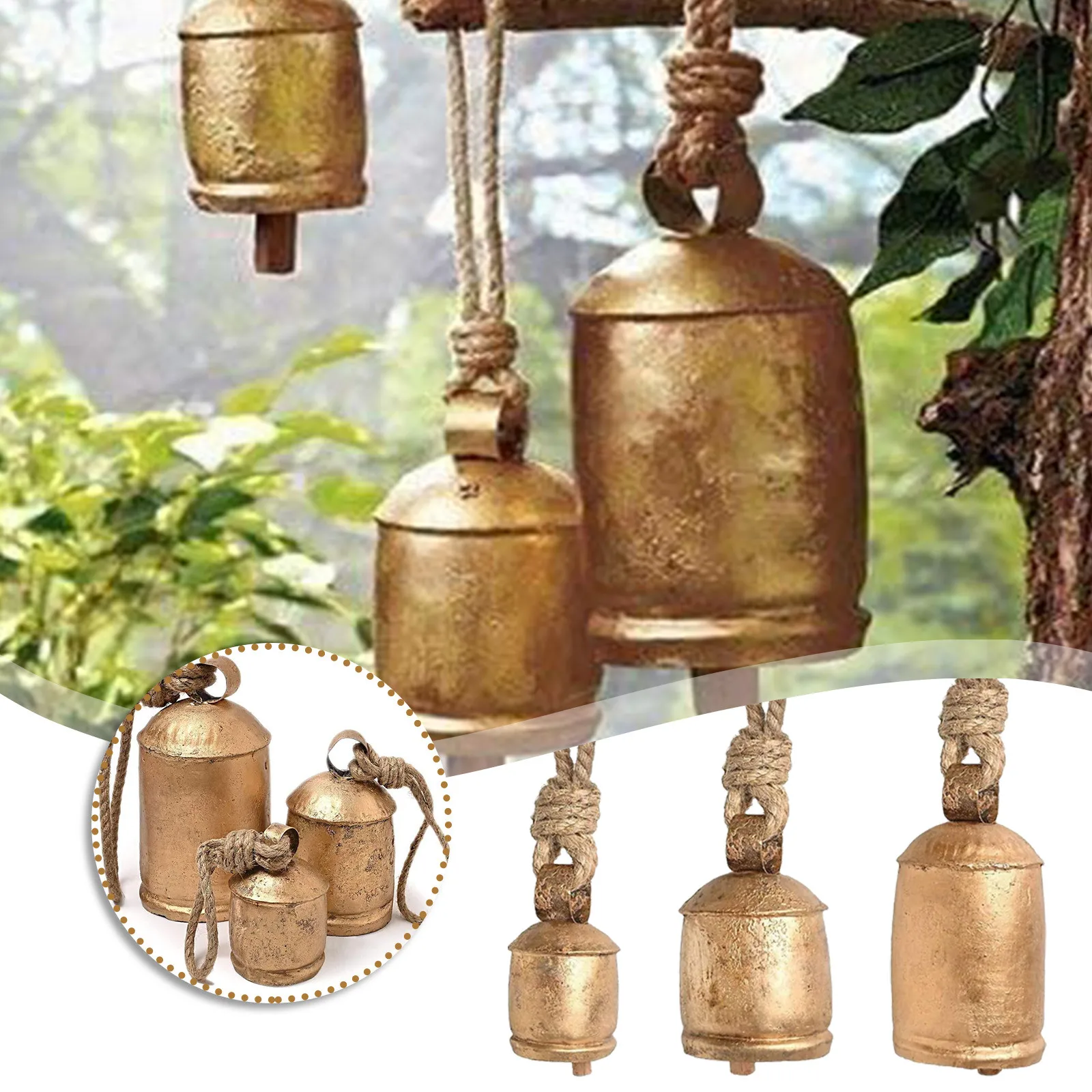 Worn And Chic- Country- Style Hanging Harmonious Giant Cow Bell 3-piece Set