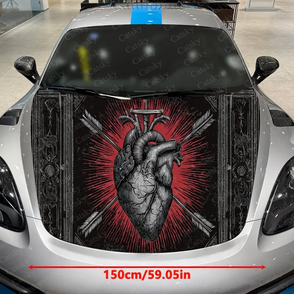 Gothic Style Sacred Heart & Arrow Car Vinyl Wrap, PVC Waterproof Car Hood Sticker, Self-Adhesive Scratch-Resistant Stickers