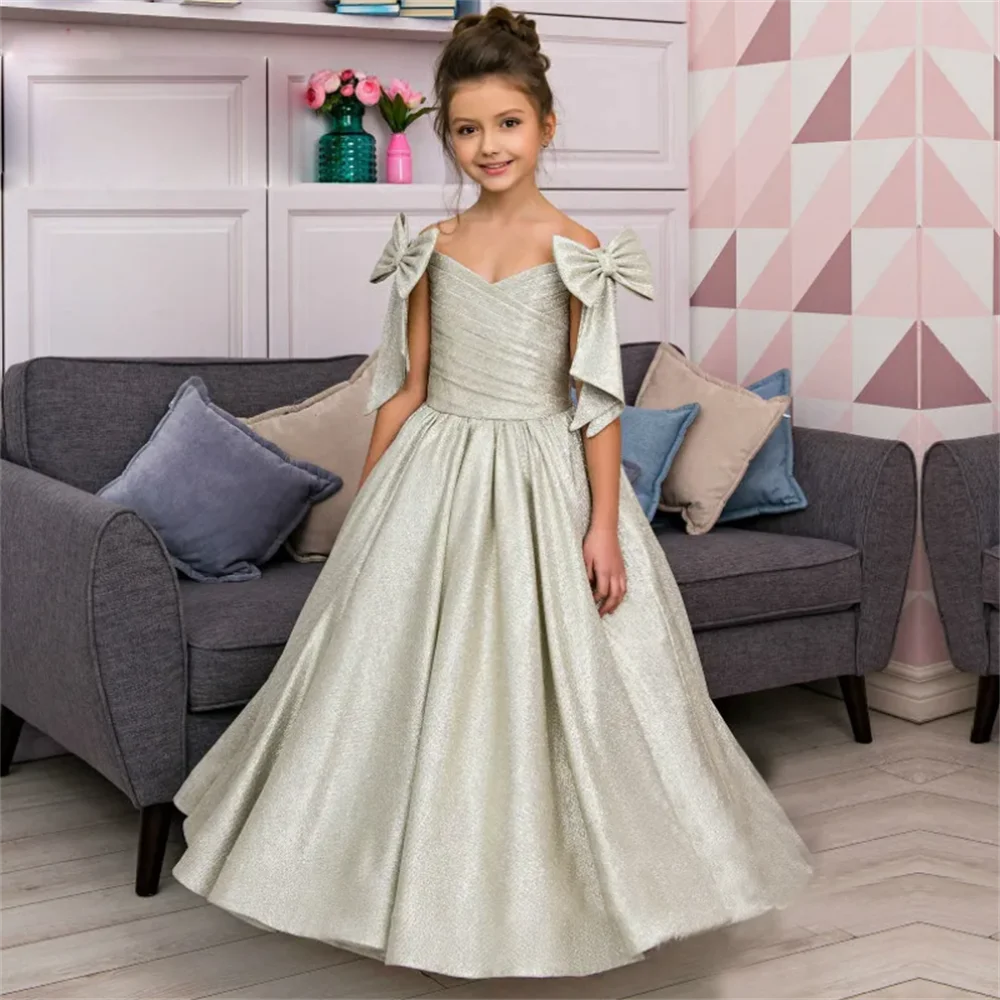 Elegant Satin Shoulder Flower Girl Dress With Tailing For Wedding Kids Birthday Party Banquet Princess First Communion Gowns