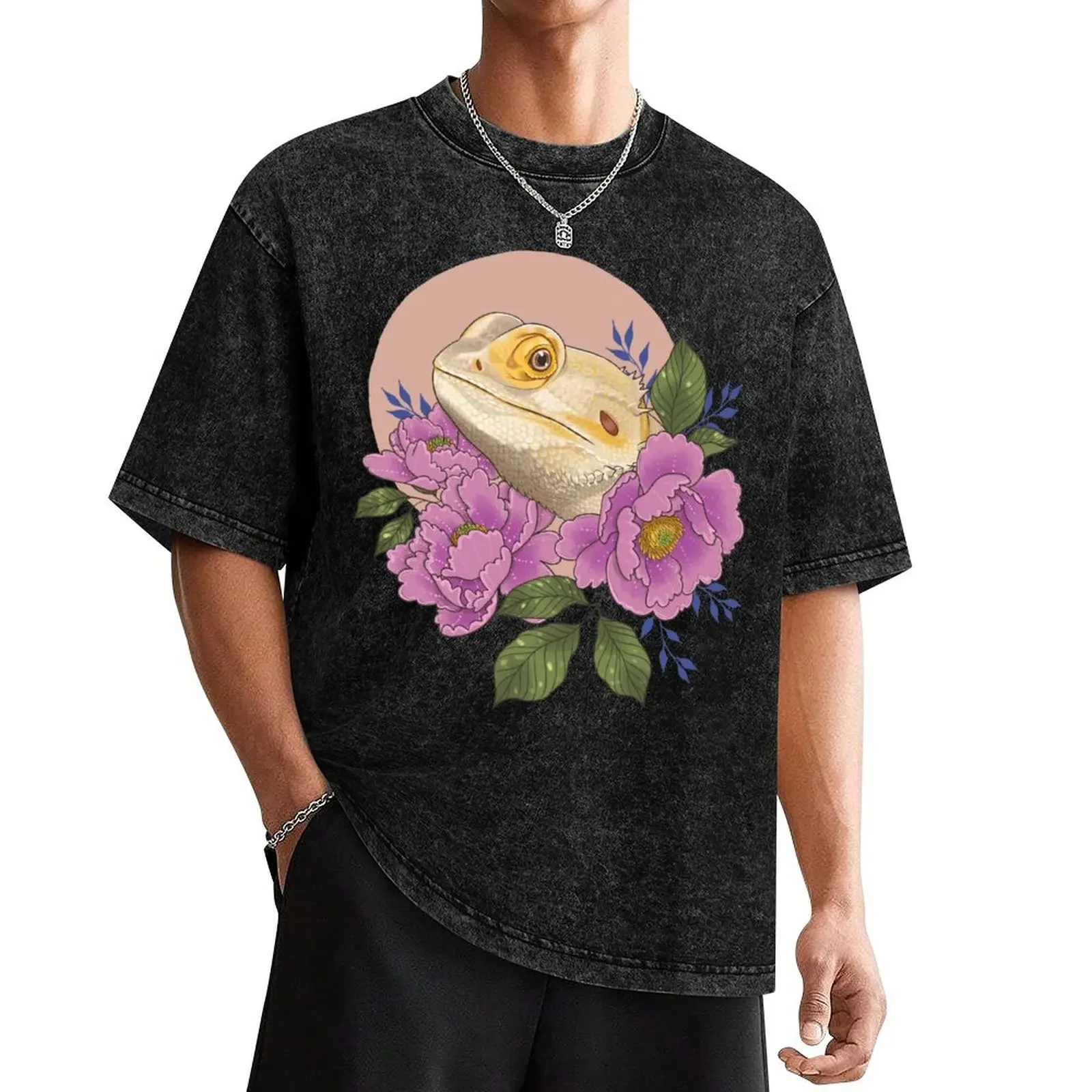 Bearded Dragon with Peonies T-Shirt custom shirt Short sleeve tee vintage clothes cotton t shirt men