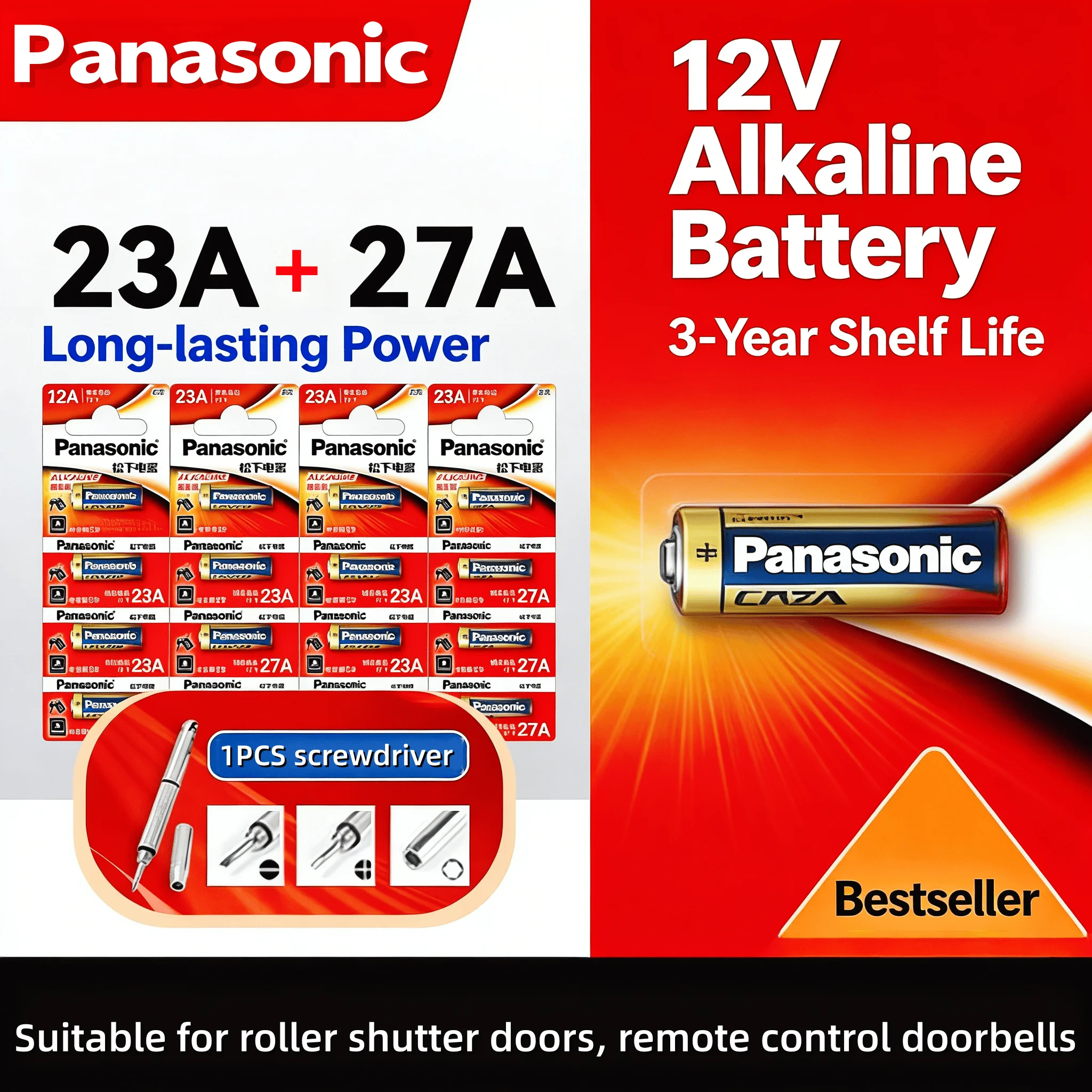 

Panasonic 27A A27 & 23A A23S 12V Alkaline Battery Long-Lasting & Leak-Resistant High Power for Doorbell,Remote Control,Toy,