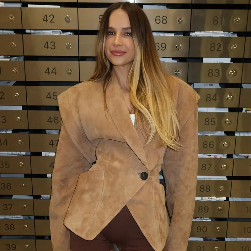 Fashion Dark Color Suede Fabric Stand Up Collar Jacket Women Causal Waist Cinched Broad Shoulder Coat Autumn High Street Outwear