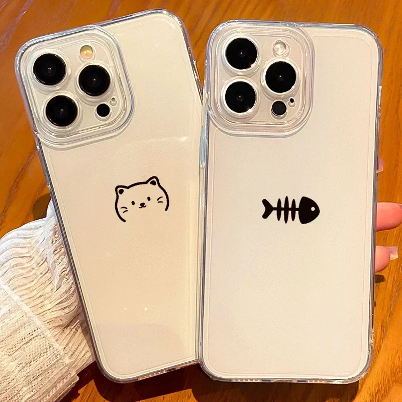 Funny Cute Cat Fish Clear Paired Couple Phone Case For iPhone 16 15 14 12 11 13 Pro Max 13Mini SE 7 8 14Plus Cover Fundas Shell