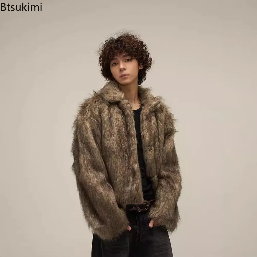 

2025 зимняя шуба из искусственного меха, мужская модная куртка из меха в стиле хип-хоп с отложным воротником, индивидуальная дизайнерская верхняя одежда из пушистого меха, мужские пальто