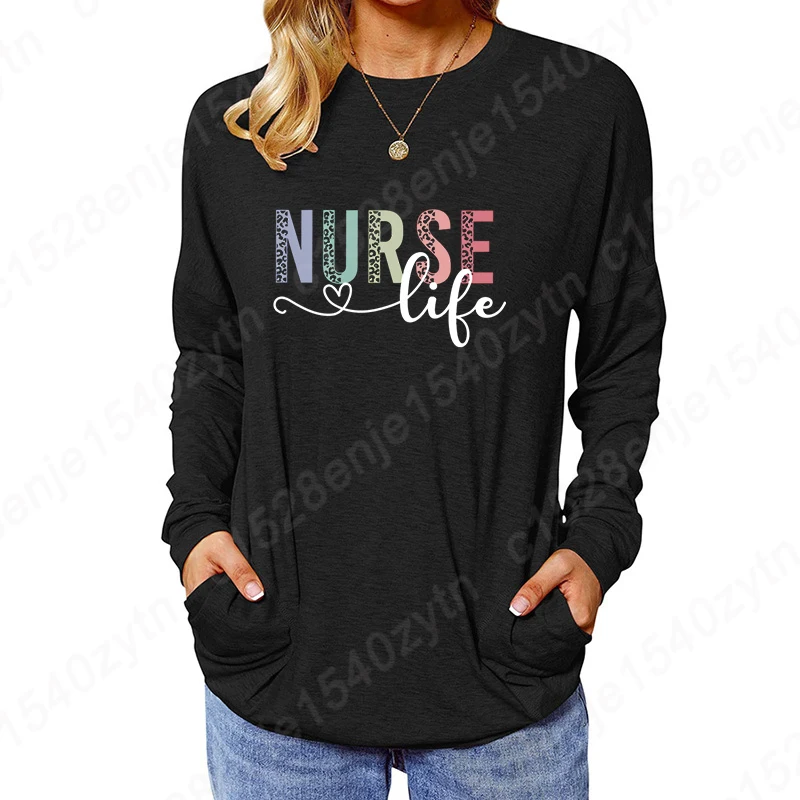 Lady Popular Pocket Tops Long Sleeve Crew Neck T Shirt Nurse Life Graphic Pullover Winter Autumn Sweatshirt Casual Loose Blouses