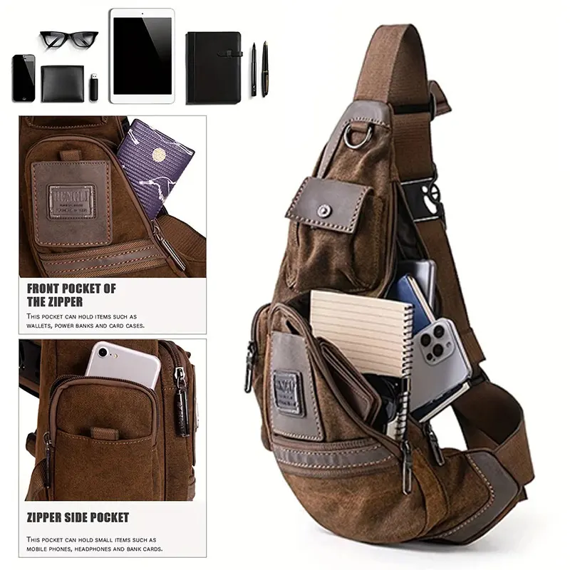 Vintage Men's Chest Bag High Quality Luxury Canvas Shoulder Bag Men Sports Travel Triangle Crossbody Bags Versatile Chest Pack