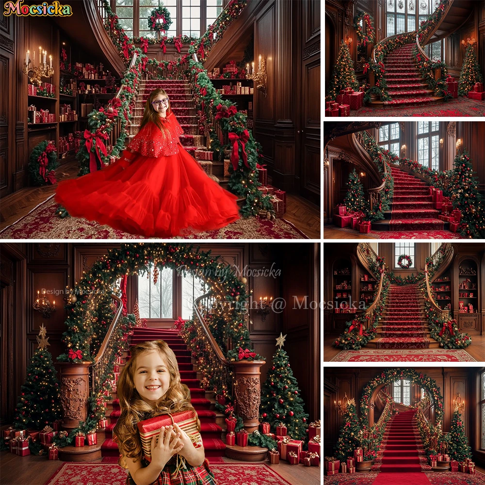 

Mocsicka Red Xmas Staircase Background Photography Christmas Room Wreath Palace Backdrop Kid Family Art Photo Indoor Studio