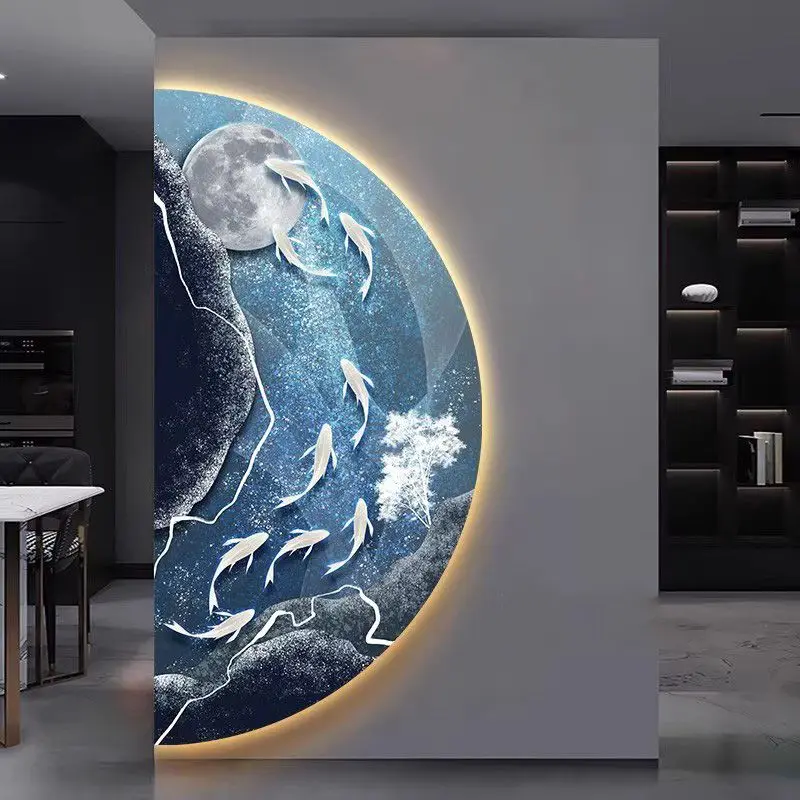 Modern light luxury nine fish picture entrance door decoration painting LED light painting high-end atmospheric wall murals