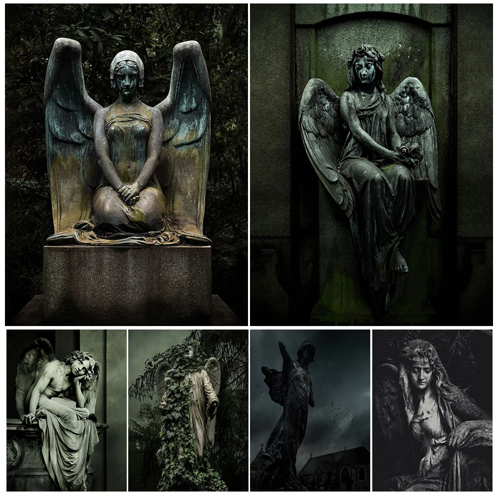 

Guardian Angel Statue In Cemetery,Photography Wall Art Canvas Painting Crying Angel Vintage Art Poster Print Home Decor Unframed