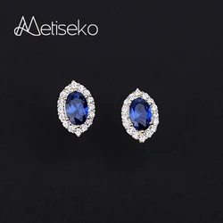 Metiseko 925 Sterling Silver Stud Earrings Sapphire Colour Oval Zircon Retro Style Earrings for Elegant Women