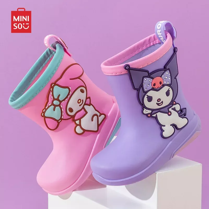 

Kuromi Sanrio Cartoon Anti Slip and Wear Resistant Soft Sole High Boots Waterproof Rain Shoes for Children with Velvet and Warm