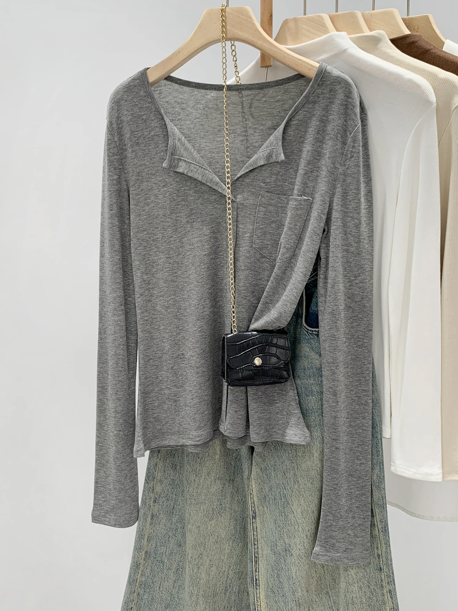 

Lacele Silk Wool Women's Long Sleeve Base Shirt Inner Wear Loose Fit T-Shirt Grey Autumn Winter New Style Casual Simple Design