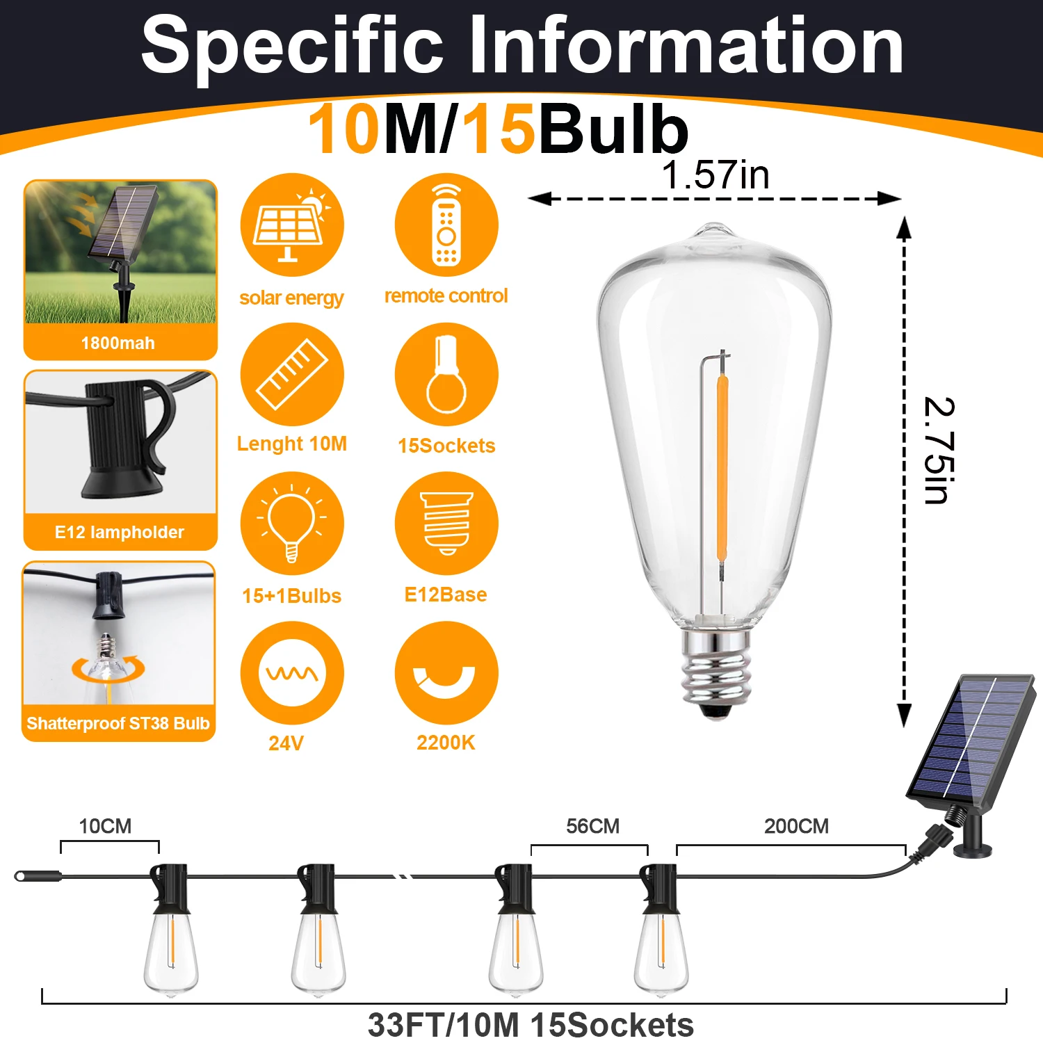 Solar Globe LED-lichtslingers G40 terraslicht USB-oplader 8 lichtmodi Afstandsbediening Tuin Solar weerbestendig hanglicht