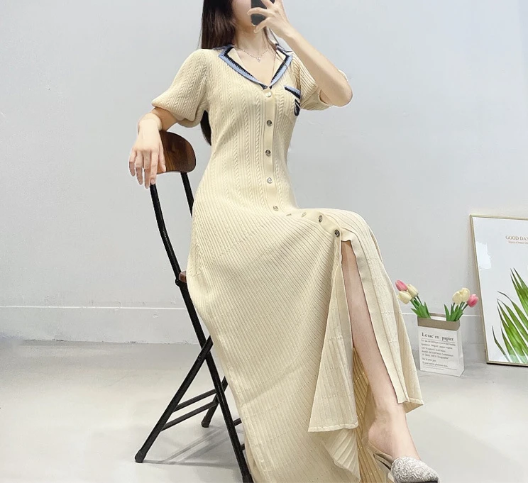 Women's beige knitted embroidered dress long sleeves letter short sleeves slim fit single breasted elegant maxi dress female