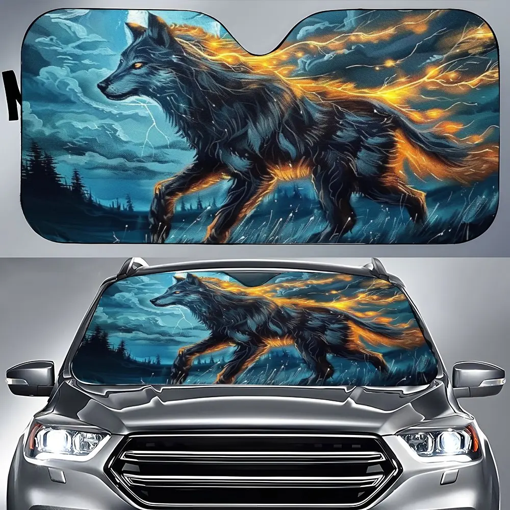 Running Starry Sky Lightning Wolf Car Windshield Sunshade,Auto Accessories Front Windshield SunVisor Block Uv Rays Protect Decor