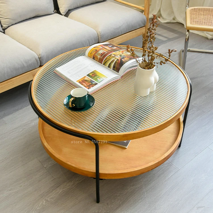 

Nordic round Tea Table Tempered Glass Light Luxury Creative Minimalistic Iron Double-Layer Table coffee table for living room