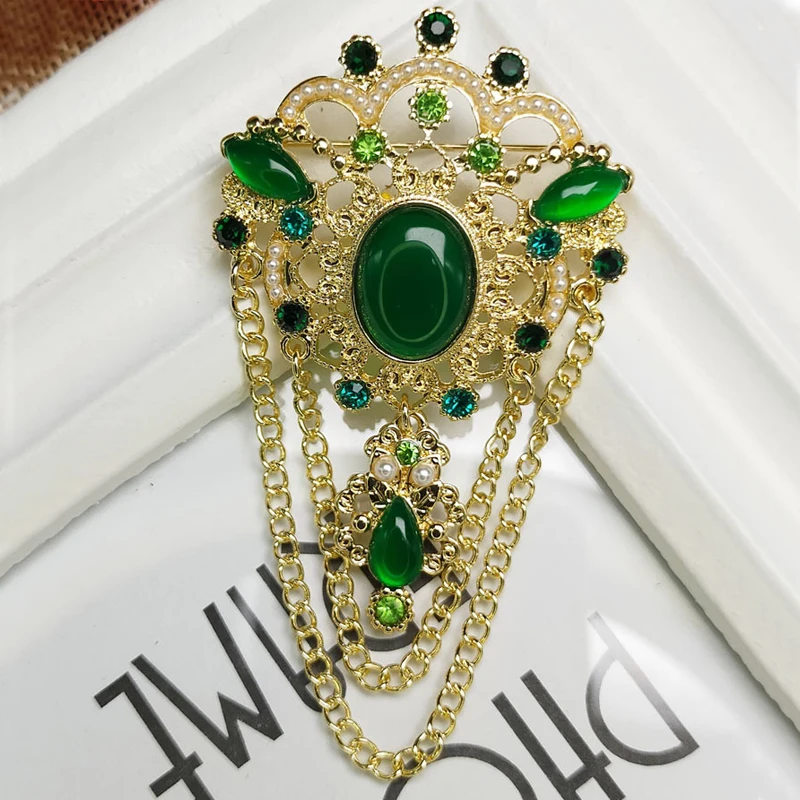 

Vintage Double Chain Tassel Green Crystal Brooch Ear Studs Court Style Pin Silk Scarf Buckle Female Corsage Exquisite Earrings