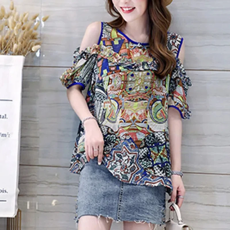 Fashion Commute Summer New Thin Shirts Women\'s Round Neck Printed Spliced Ruffles Off Shoulder Short Sleeve Loose Casual Blouses