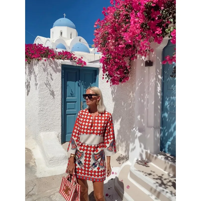 Minivestido étnico holgado con estampado para mujer, bohemio, elegante, de manga larga, con cuello en V, fluido, bohemio, para playa