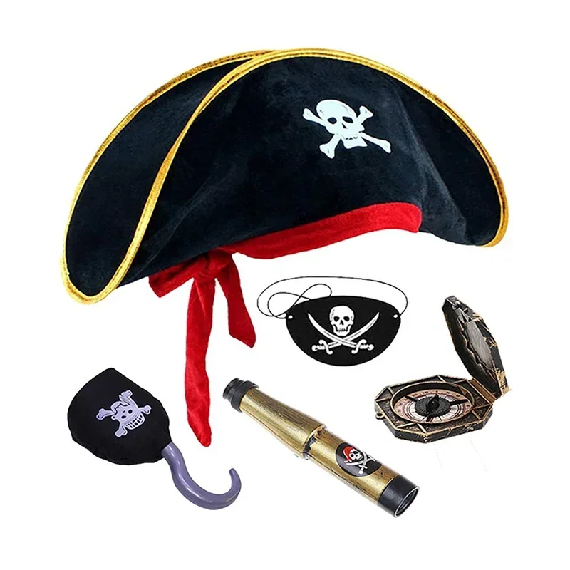 Chapeau de Pirate noir et rouge, accesorios de disfraz de capitaine de pirata, casquette de crâne imprimé