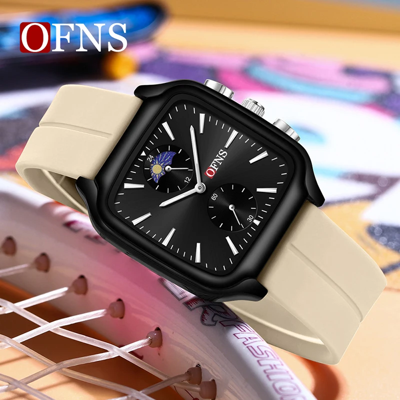 OFNS 7504 Jam Tangan Tali Silikon Wanita Fase Bulan Fashion Mewah Jam Tangan Kuarsa Muda Analog Kasual untuk Pelajar Pria dan Wanita