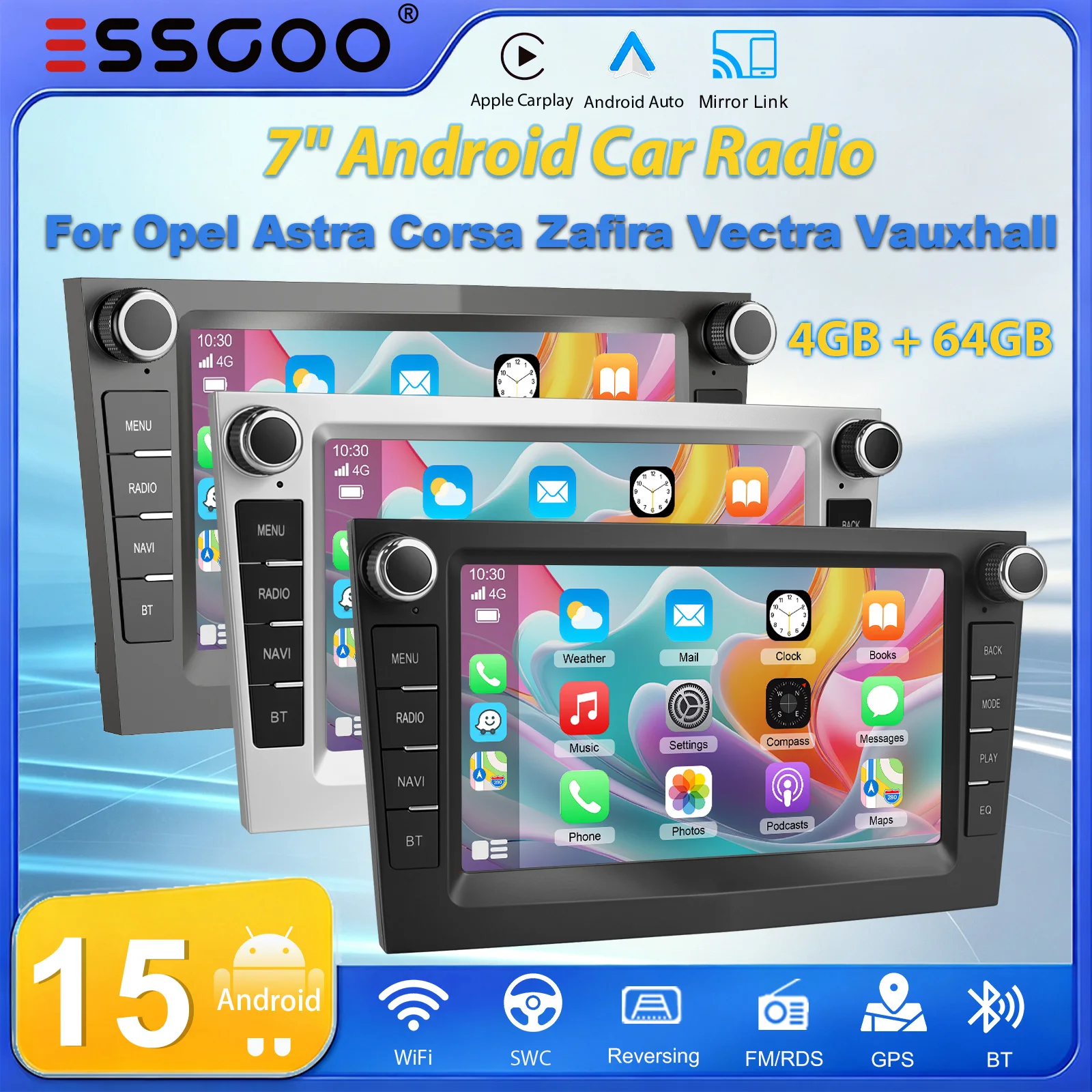 ESSGOO, autoradio Android 15 da 7 pollici, 4+64 GB, per Opel Corsa C/D, Astra G/H, Zafira B, Vectra, con schermo IPS, Carplay wireless, navigazione GPS, WLAN, DAB+, telecamera, RDS, FM, Bluetooth,