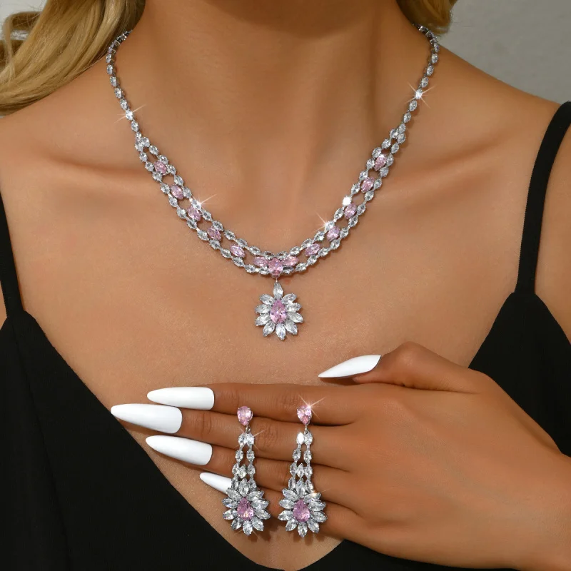 

New Korean Style Niche Design Pink Necklace Bride Banquet Wedding Dress Accessories Necklace Earrings Zircon Women's Set