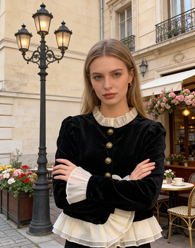 

Long Sleeved Jackets For Women Single Breasted Elegant Spliced Casual Solid Outdoors French Style Ruffled Chic Warm Button-Up OL