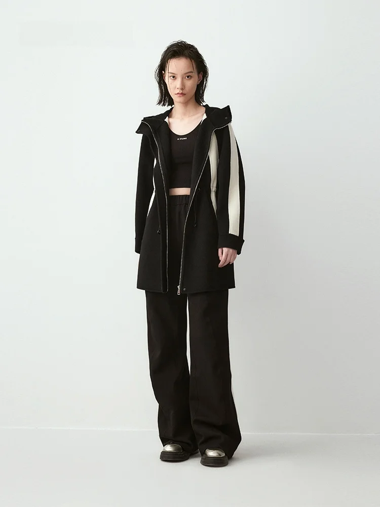 

XMOOM Winter New Double-Sided Woolen Coat with Hat Waist-Cinching Color-Blo Ladies' Commute Sle Long Sve Mid-Length