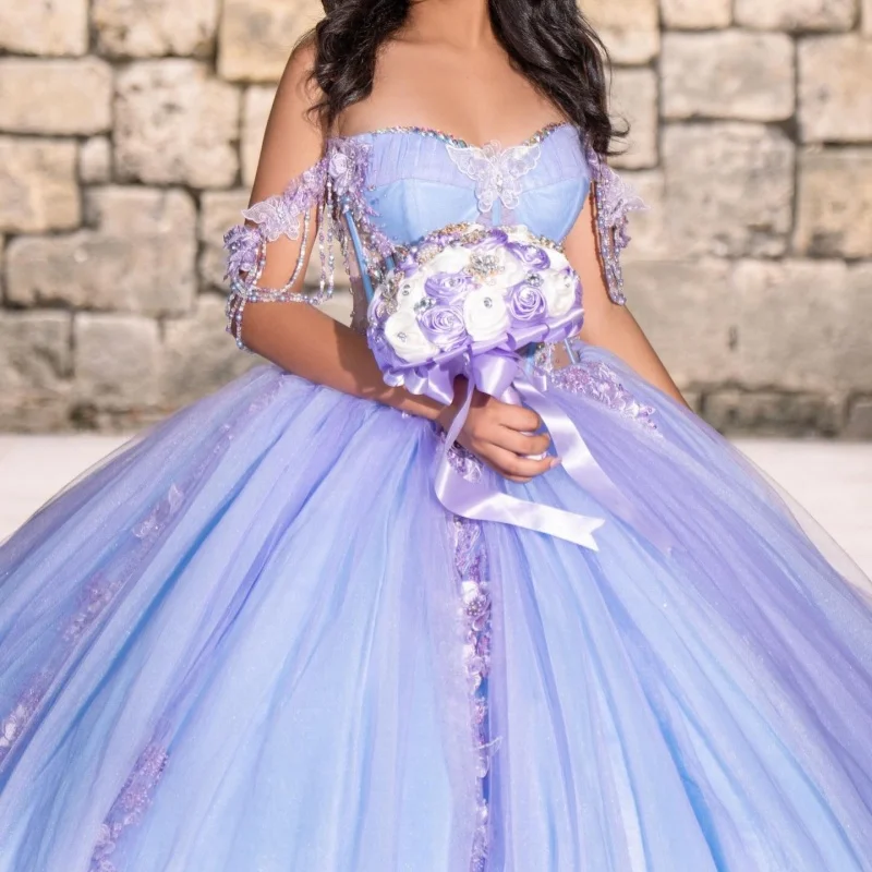 

Lavender Quinceanera Dresses Off the Shoulder Glitter 3D Flower Decal Long tail Vestidoe 15 Quinceanera Customize