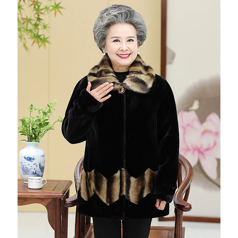 Winter Thick Warm Faux Fur Coat Grandma\'s Luxury High Quality Mink Fur Jacket Lapel Tops Large Size Loose Elderly Mother Parkas