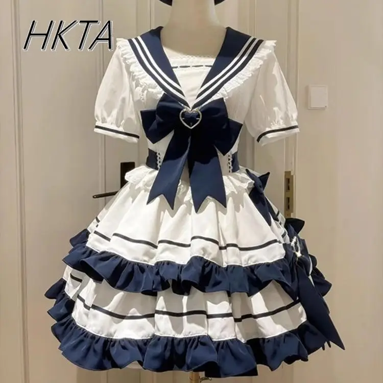 Lolita หวานน่ารัก Navy COLLAR แขนสั้นชุดผู้หญิงฤดูร้อนใหม่ลูกไม้สายเอวสูง Ruffle ชุดเค้กสไตล์วิทยาลัย
