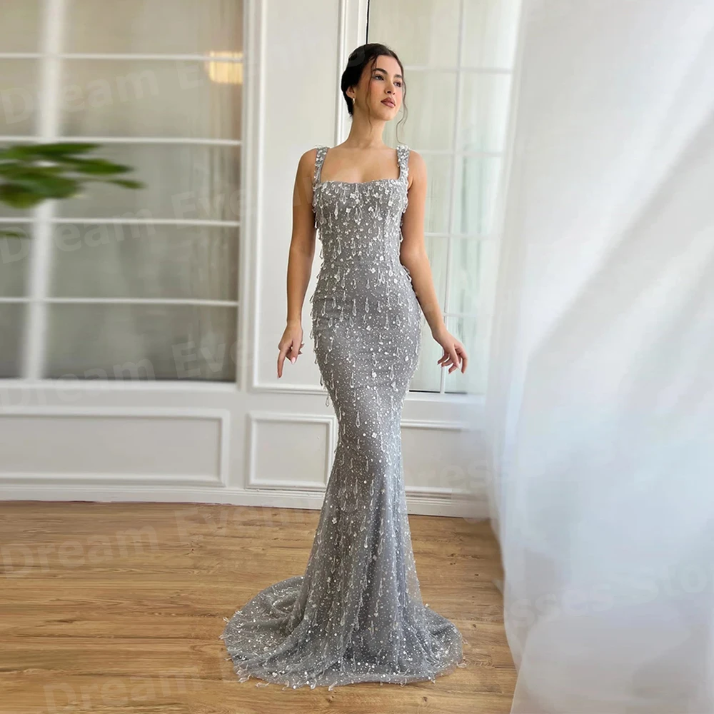 Luxurious Mermaid Women's Evening Dresses Customized Sexy Spaghetti Strap Prom Gowns Backless Lace Vestidos Para Mujer Elegantes