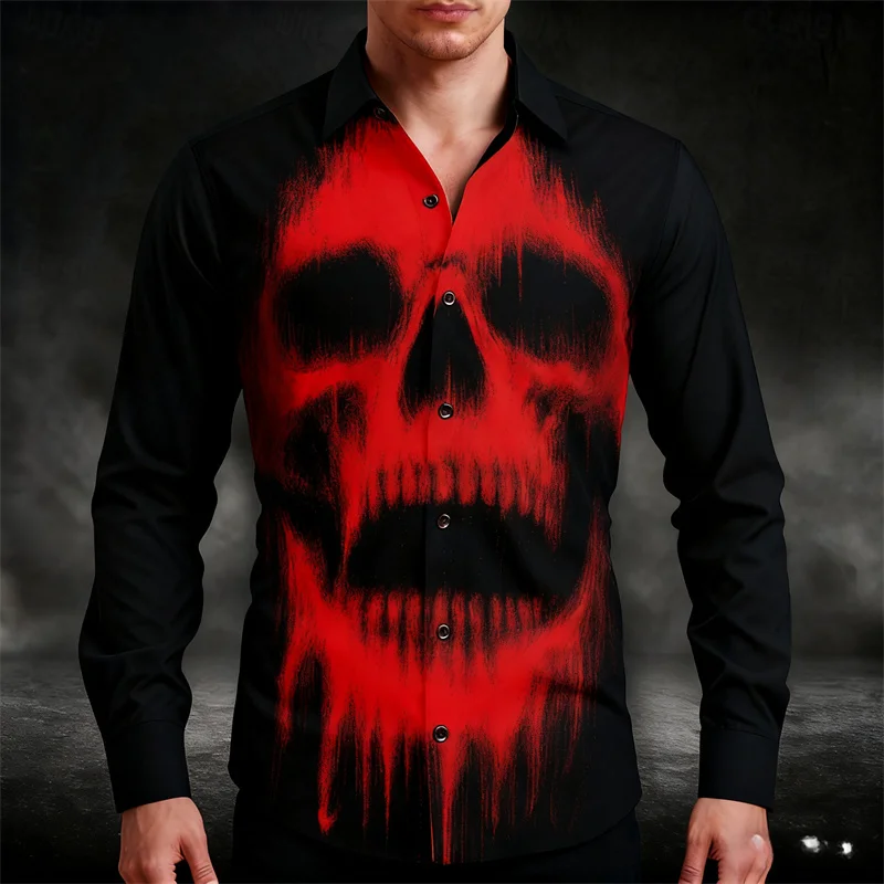 

Men's shirt skull print long-sleeved shirt men's tops, Halloween funny costumes, lapel single-breasted streetwear XS-6XL sizes