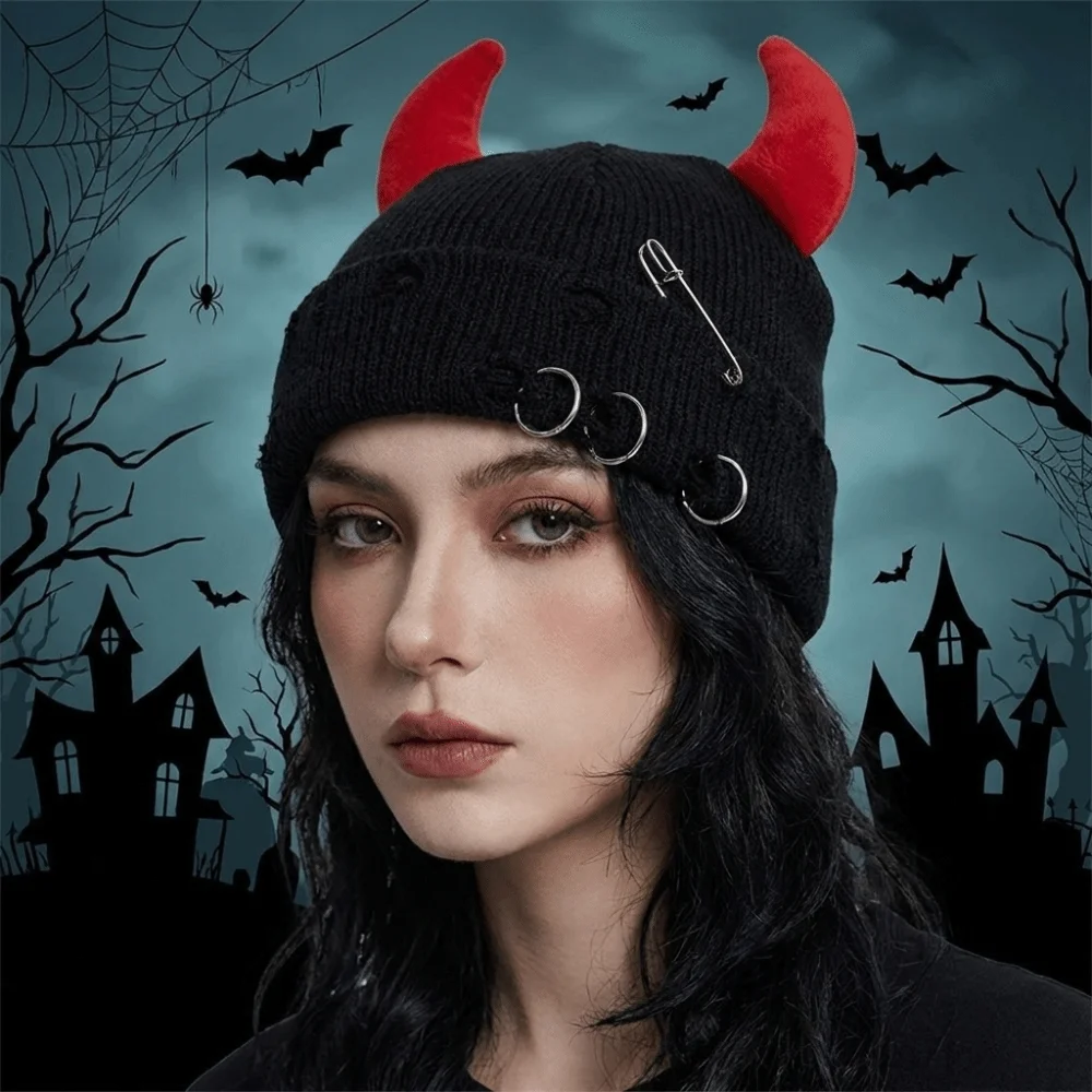 Punk Yarn Devil Horns Hat Solid Color Distressed Winter Pullover Cap Hip Hop Adjustable Knitted Beanie Outdoor